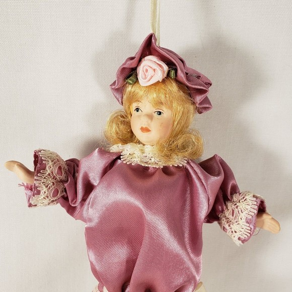 Vintage Doll Style Christmas Ornament Girl In Pink Dress Blonde Hair Flower Hat - Picture 2 of 9
